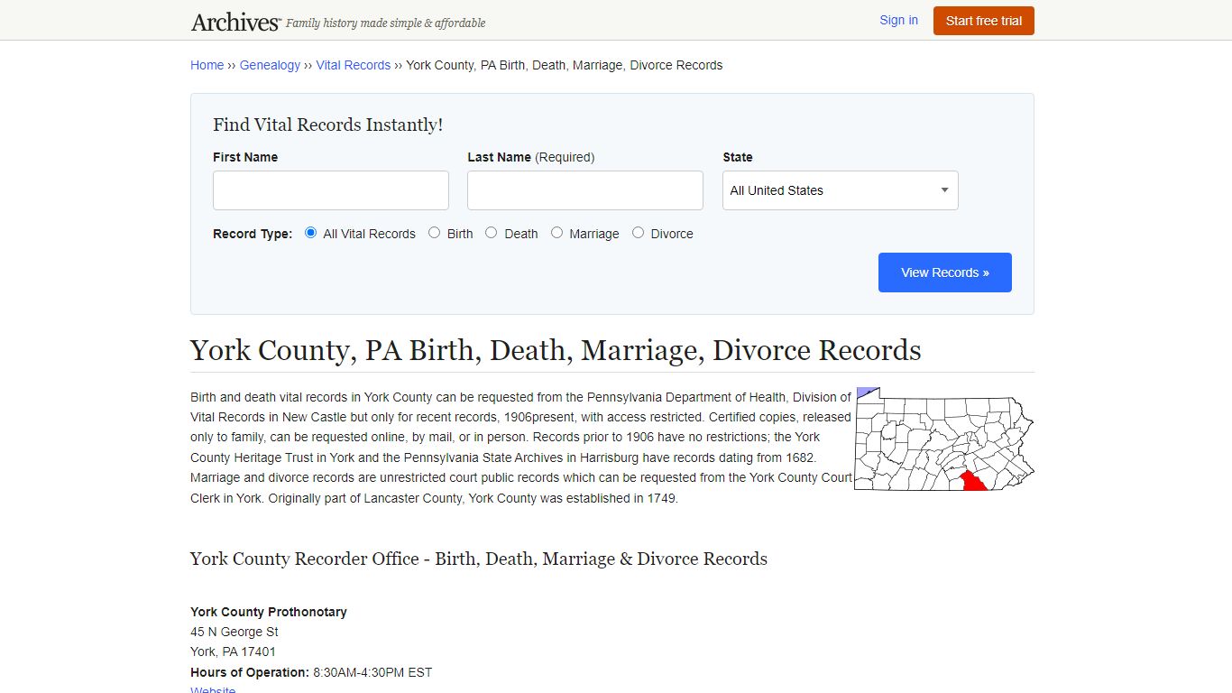 York County, PA Birth, Death, Marriage, Divorce Records - Archives.com