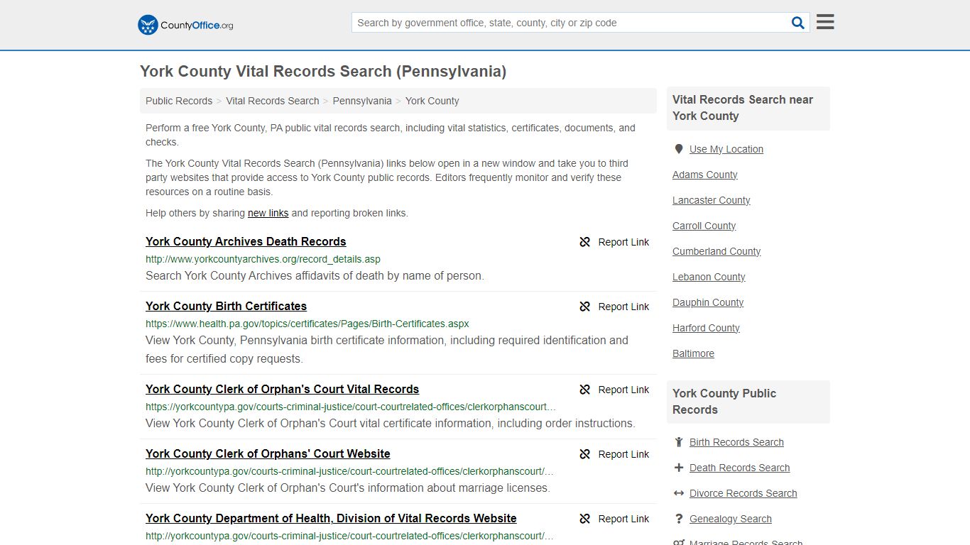 Vital Records Search - York County, PA (Birth, Death, Marriage ...